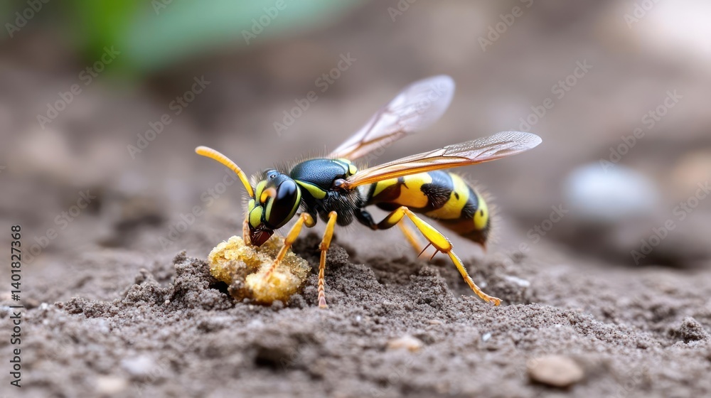 Poster close-up of a wasp eating a small, textured, golden object. the wasp, with its distinctive yellow an