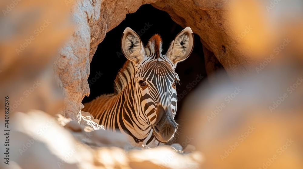 Poster Close up of a zebra looking out of a rocky cave. Zebra has a beautiful black and white striped pattern, sandy rocks are blurred in the foreground to create a depth of field with a dark background