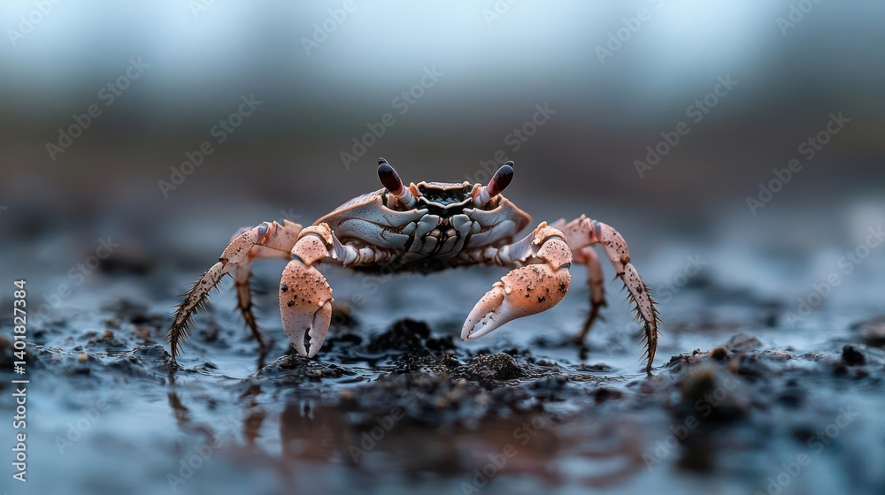 Poster macro shot of a light brown crab with dark spots standing on wet ground. the foreground is dark and 