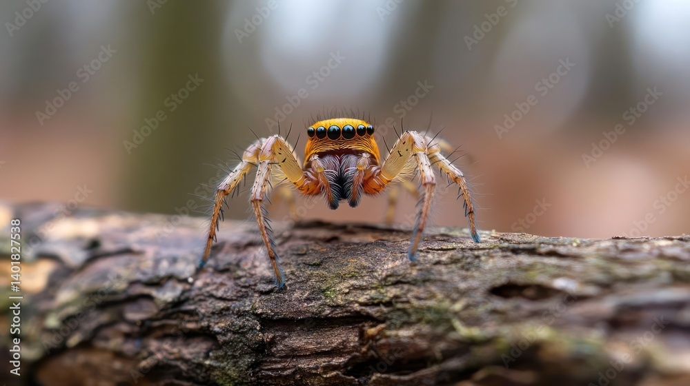 Poster detailed close-up of a vibrant orange and black jumping spider perched on a rough, weathered branch.