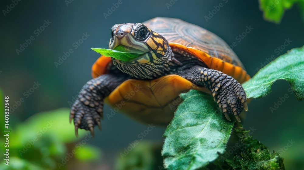 Poster captured in a close-up, a vibrant turtle is perched upon lush green foliage, its shell a mix of brow