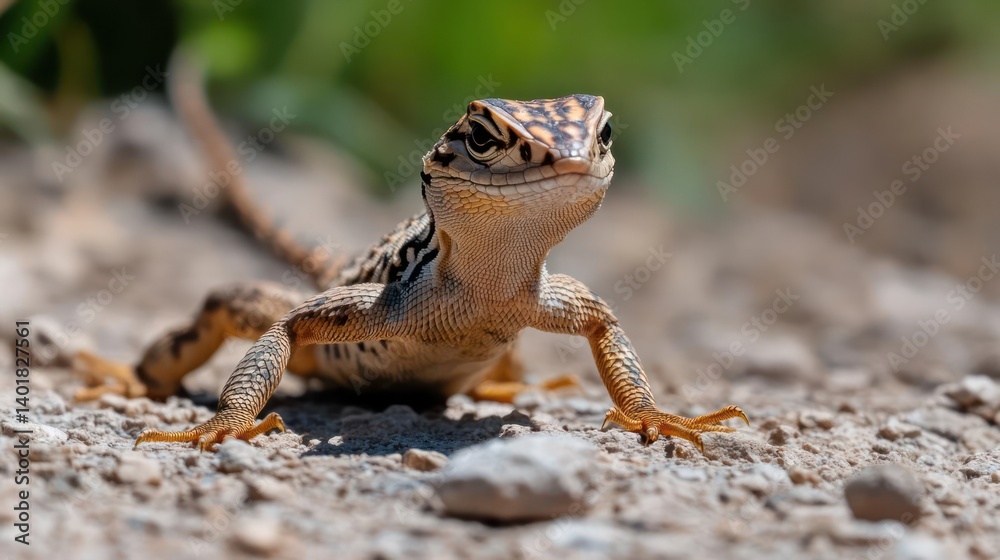 Poster close-up of a small brown lizard standing on dirt ground with blurred green background. the lizard h