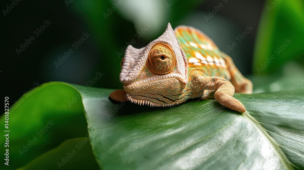 Poster close up studio shot of a chameleon lying on a green leaf, featuring its scaly skin with natural lig
