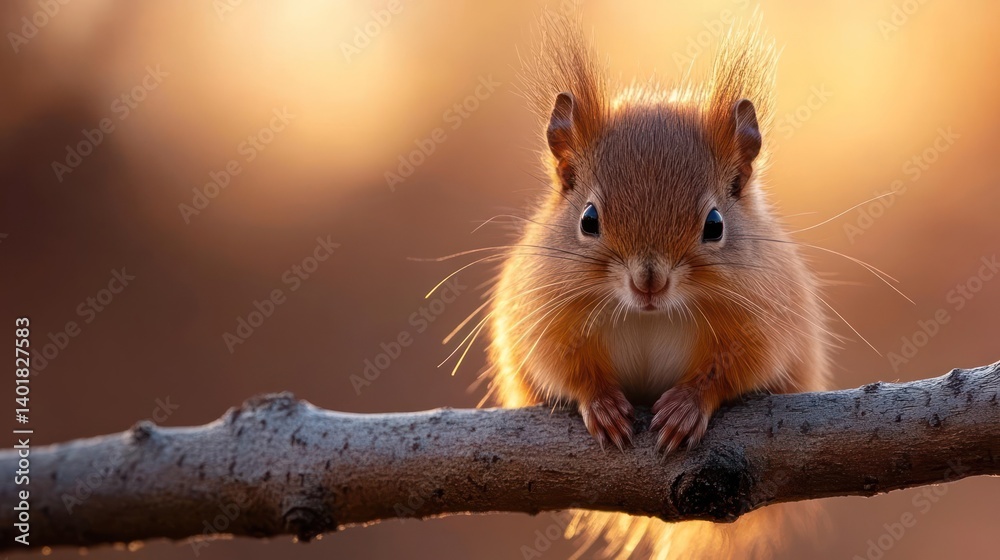 Poster Charming closeup captures a red squirrel perched on a branch against a soft golden bokeh background. The squirrel's delicate features and textured fur are highlighted by gentle light, enhancing the