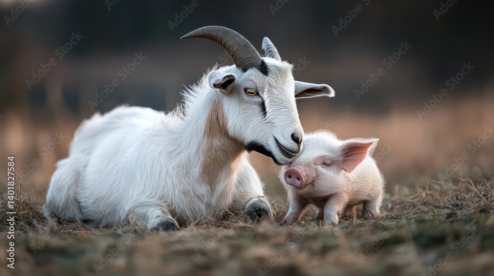 Poster close-up of a white goat lying down in a field with a small pink piglet standing next to it. the lig