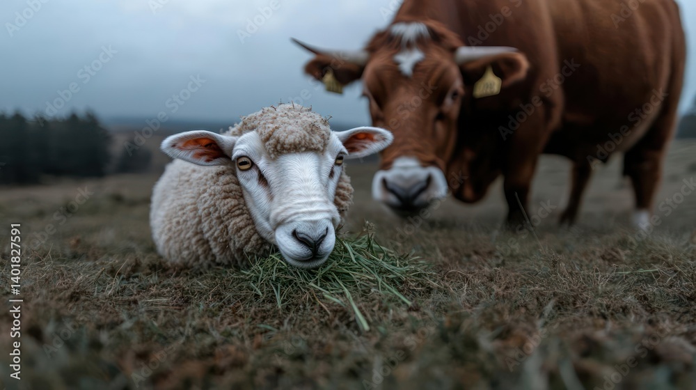 Poster close-up of a white sheep chewing green grass, with a brown cow standing in the background in a gras