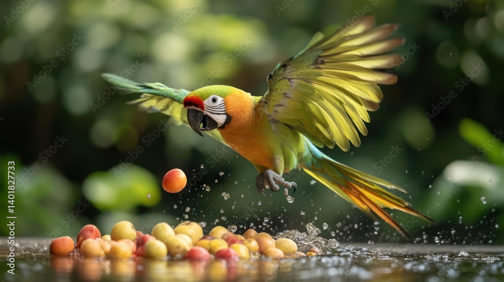 Poster this shot captures a vibrant macaw mid-flight, wings spread, approaching a pool of water with scatte