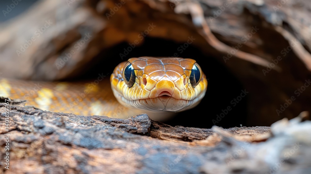 Poster Close-up of a bright yellow and brown snake, centered and facing forward with a shallow depth of field, showcasing its blue eyes and head scales against a blurred background of wood