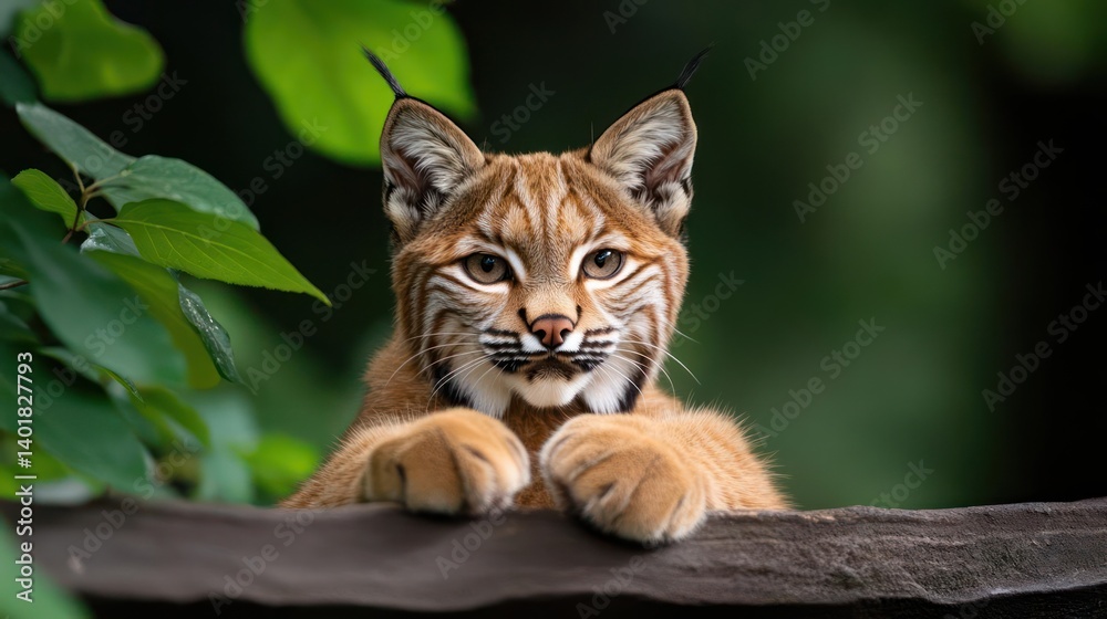 Aufkleber Close up portrait of a bobcat with its paws resting on a log against a green leafy backdrop. The bobcat has distinctive markings and intense gaze, creating a captivating wildlife image