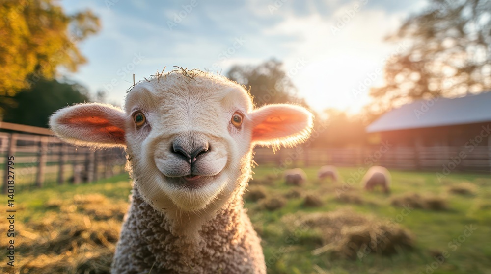 Poster a heartwarming closeup captures a white lamb's face in a grassy field under the warm glow of sunset.