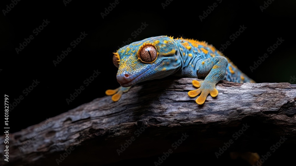 Poster a close-up shot showcasing a blue gecko with yellow spots resting on a weathered, gray branch agains