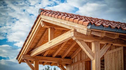Wooden Roof Structure with Tile and Blue Sky Background