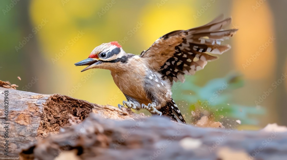 Poster captivating close-up captures a brown woodpecker in mid-action, landing on a weathered log with wing