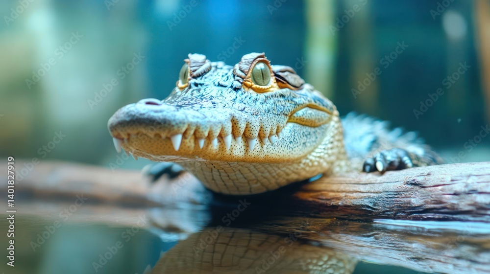 Poster detailed close up of a small juvenile alligator resting on a log in water, exhibiting its textured s