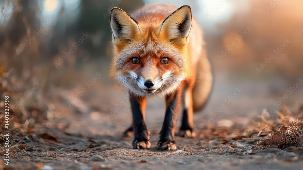 Poster A close-up of a red fox with frosted fur walking towards the camera on a path, illuminated by soft, warm light against a blurred background of muted brown and orange foliage