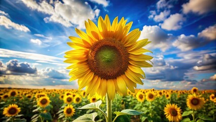 Fototapeta premium Stunning Sunflower Field, Blue Sky, Clouds - High Resolution Photo