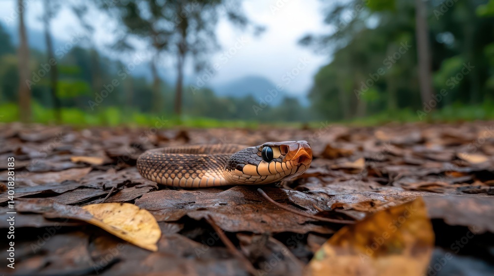Poster a close-up, low-angle shot of a snake on a forest floor covered in fallen leaves. the snake has dark