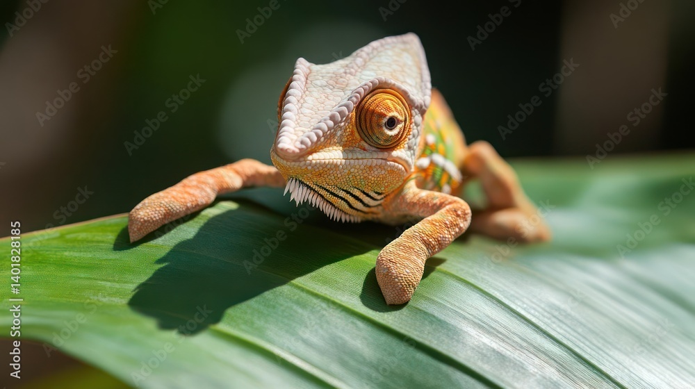Poster close up shot of a chameleon perched on a green leaf, featuring its textured skin, vibrant colors, a