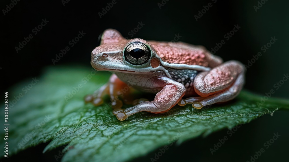 Poster a close up macro shot of a small brown tree frog with big eye, perched on a green leaf with intricat