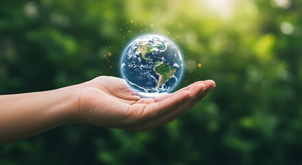 Holding Earth in Hand Concept Globe on Palm with Green Nature Background