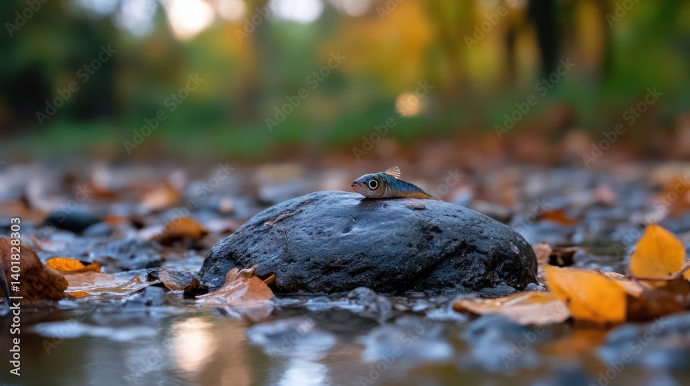 Aufkleber low-angle shot of a rock surrounded by autumn leaves, set in a shallow stream. the background featur