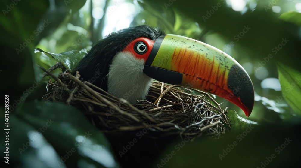 Poster Portrait of a colorful toucan bird perched in a nest made of twigs surrounded by green leaves. The toucan features a distinctive large beak with shades of orange and green, creating a striking
