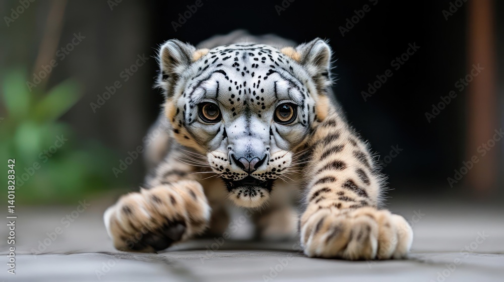 Poster a close-up shot of a snow leopard staring directly at the camera with its front paws extended and bo