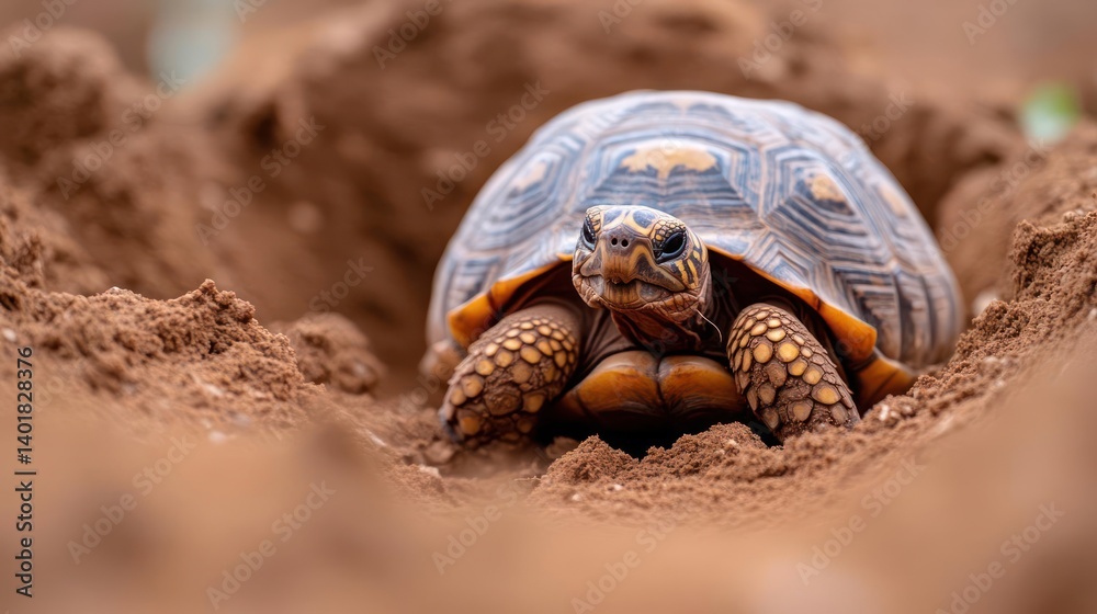 Poster Detailed eye-level shot of a tortoise emerging from a sandy hole. Its patterned shell and textured skin are in sharp focus against the blurred earthen tones of the sand, highlighting the reptile's