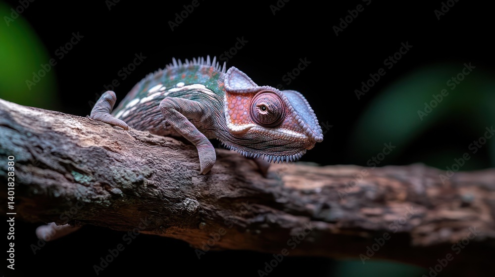 Poster a detailed, close-up captures a chameleon perched on a branch, showcasing its textured skin with gre