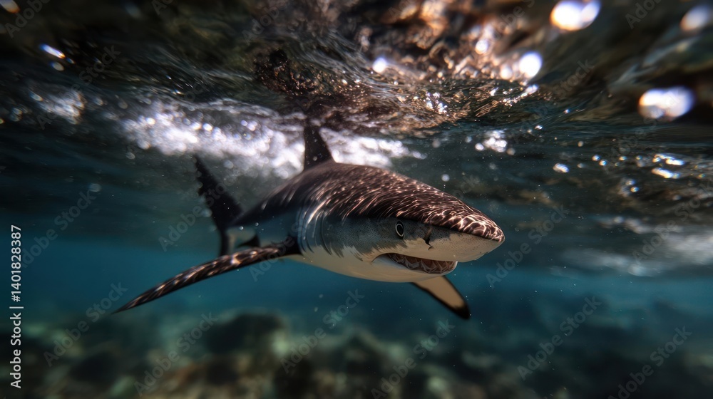 Poster underwater shot of a shark swimming in the ocean with sunlight filtering through the surface. the sh