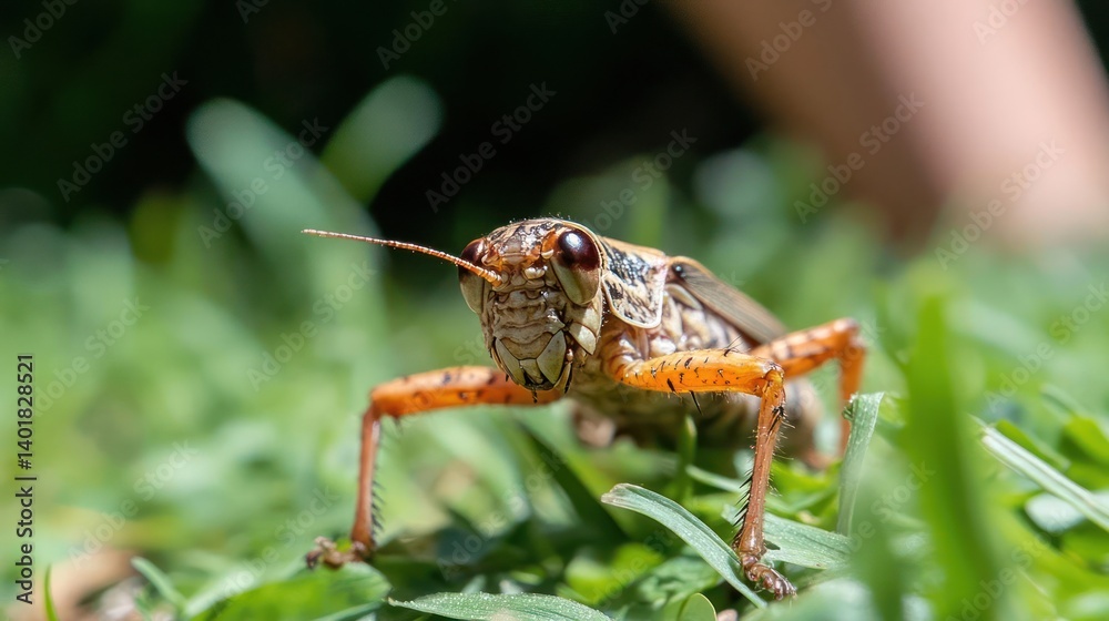 Poster A close up image of a grasshopper shows its intricate details and textures while it's standing on a vibrant green lawn. The soft, natural lighting highlights the insect's features