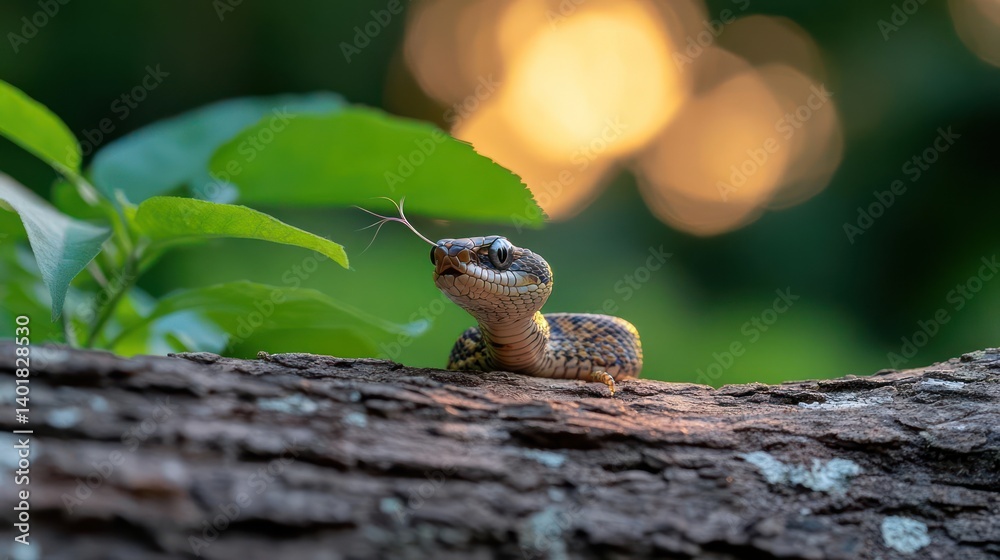 Aufkleber Close-up capturing a brown snake on a fallen tree branch, set against a blurred green and golden bokeh background. The snake is positioned towards the left with head lifted slightly