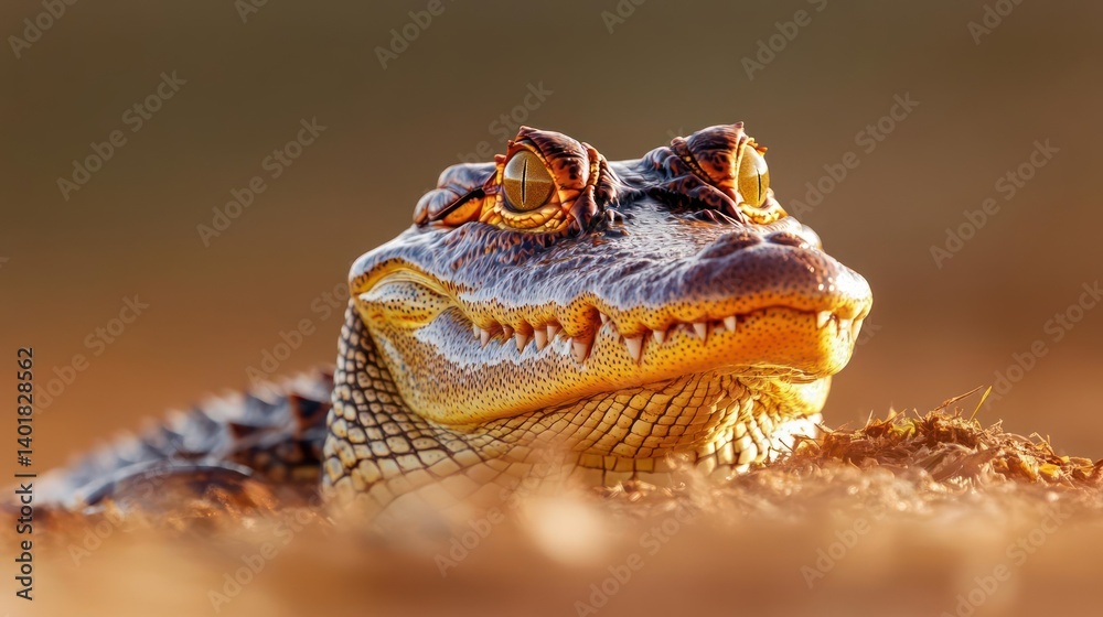 Poster a close up of an alligator's head showing its sharp teeth, scaly skin, and intense orange eyes, bath