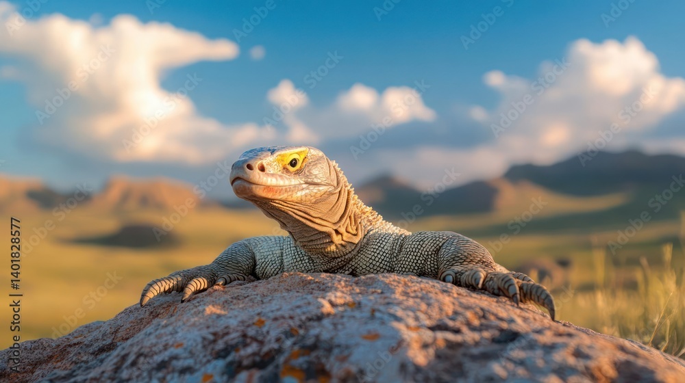 Poster a detailed close-up shows a lizard perched on a rock, set against a backdrop of grassy plains and di