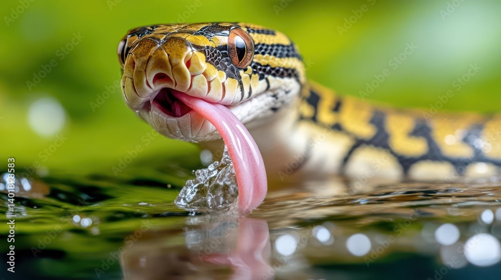 Poster close-up of a yellow and black snake, possibly a ball python, with its tongue sticking out, set agai