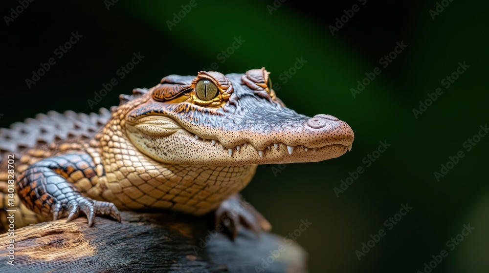 Aufkleber Close up shot of a Caiman crocodile resting on a log in a dark environment with greenery visible in the background. The reptile has distinctive brown and tan scales, and its head is prominently