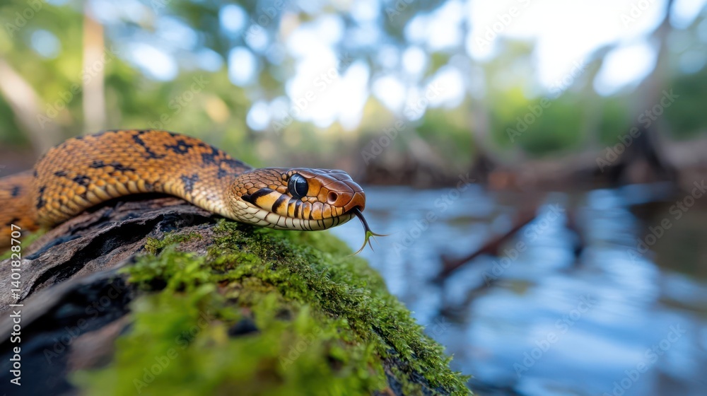 Aufkleber a close-up, low-angle shot capturing a reddish-brown blotched snake flicking its tongue while restin