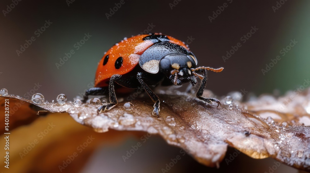 Poster Macro shot of a ladybug on a brown leaf covered in water droplets. The ladybug's red and black pattern is clearly visible. The background is blurred, emphasizing the subject's details