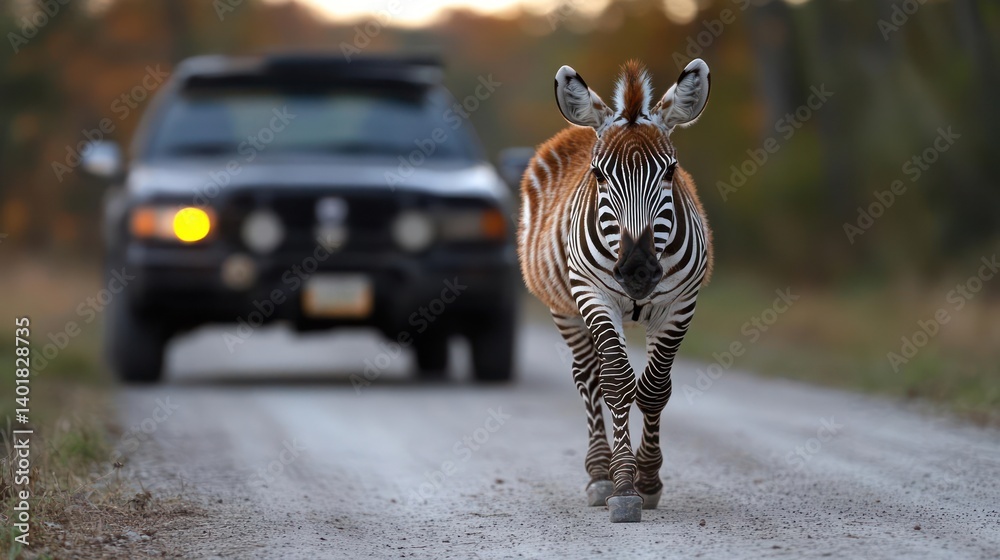 Poster front view of an okapi walking towards the camera on a dirt road, with a blurred suv in the backgrou