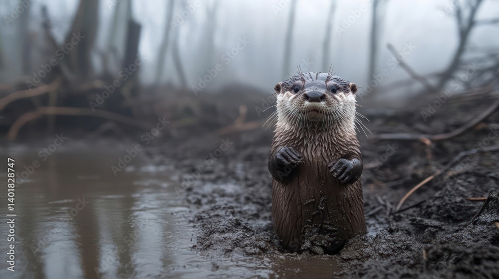 Aufkleber a close-up captures an otter standing in mud near a body of water, its fur wet and dark, surrounded 