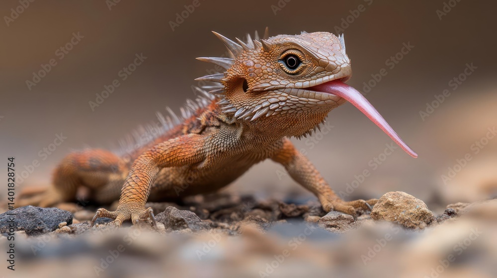 Poster a close-up shot captures an orange lizard with white speckles, its tongue extended towards the viewe