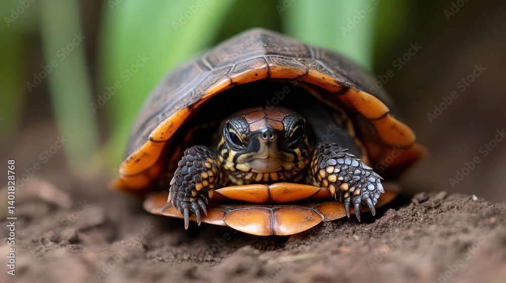 Aufkleber Close-up shot of a wood turtle in its shell against a soft-focus green and brown backdrop. The turtle faces the camera, showcasing its detailed facial features and the intricate patterns of its