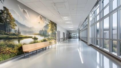 Obraz premium A modern hospital hallway with a white ceiling, large windows on the right side, and a wall of glass in front. A nature landscape mural adorns the left walls, 