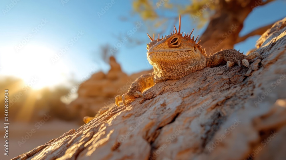 Aufkleber Close-up of a thorny devil lizard resting on a rock surface, with its scales and textures visible. The sunlight from the left casts highlights on the lizard, with a blurred background of desert