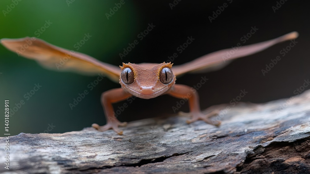 Poster close-up shot of a brown gecko perched on a textured tree branch, its large eyes staring directly in