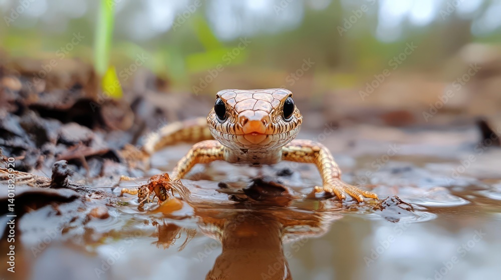 Poster close-up shot of a small brown and orange salamander in a puddle. the salamander is looking directly