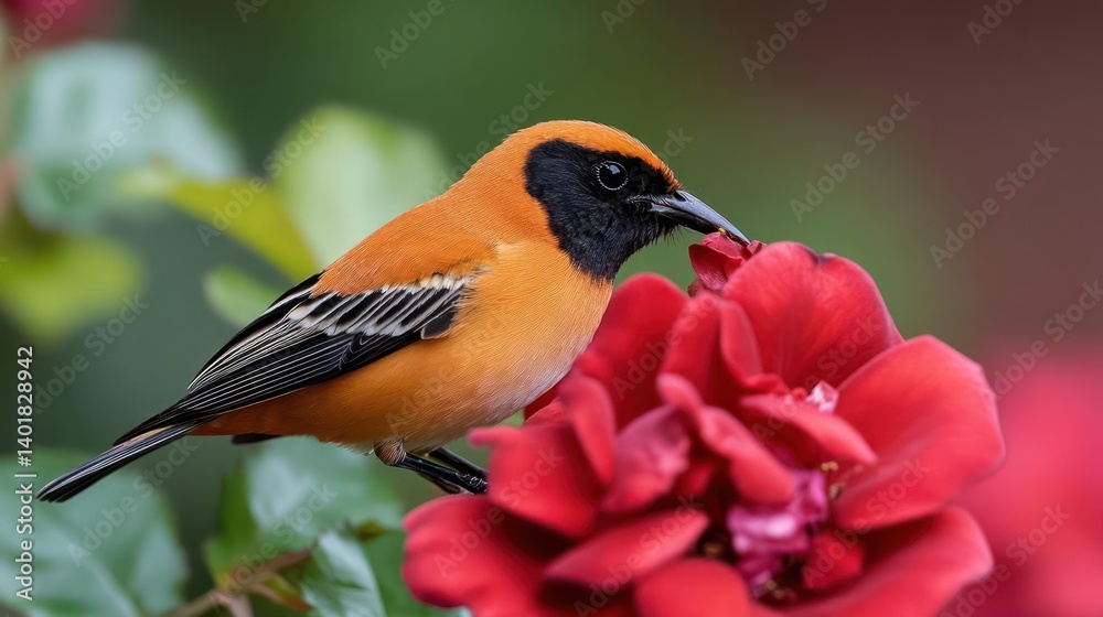Poster close-up shot of a vibrant orange and black bird perched on a bright red rose. the bird is captured 