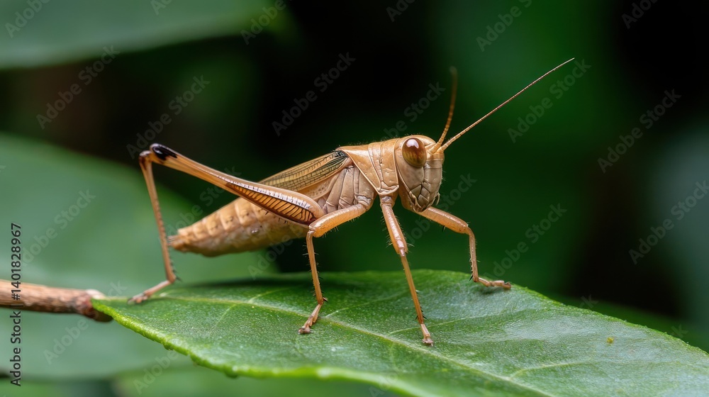 Aufkleber macro shot of a brown grasshopper perched on a green leaf, showcasing its intricate details against 