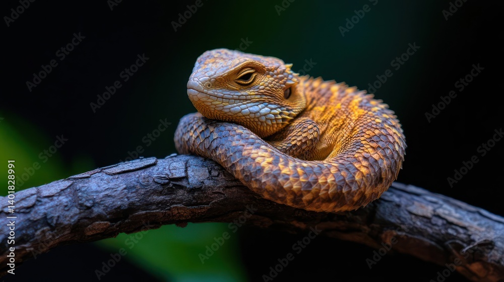 Poster close up capturing a small orange lizard perched gracefully on a branch against a blurred dark backg