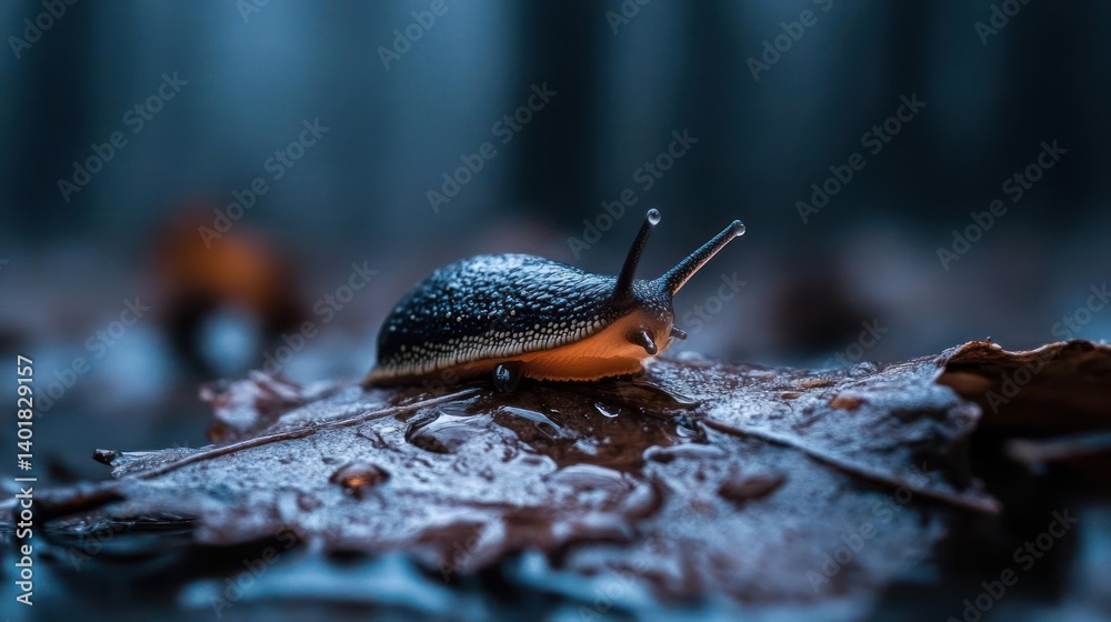 Poster detailed macro shot of a small snail with a dark shell and a light orange foot crawling on a damp, t